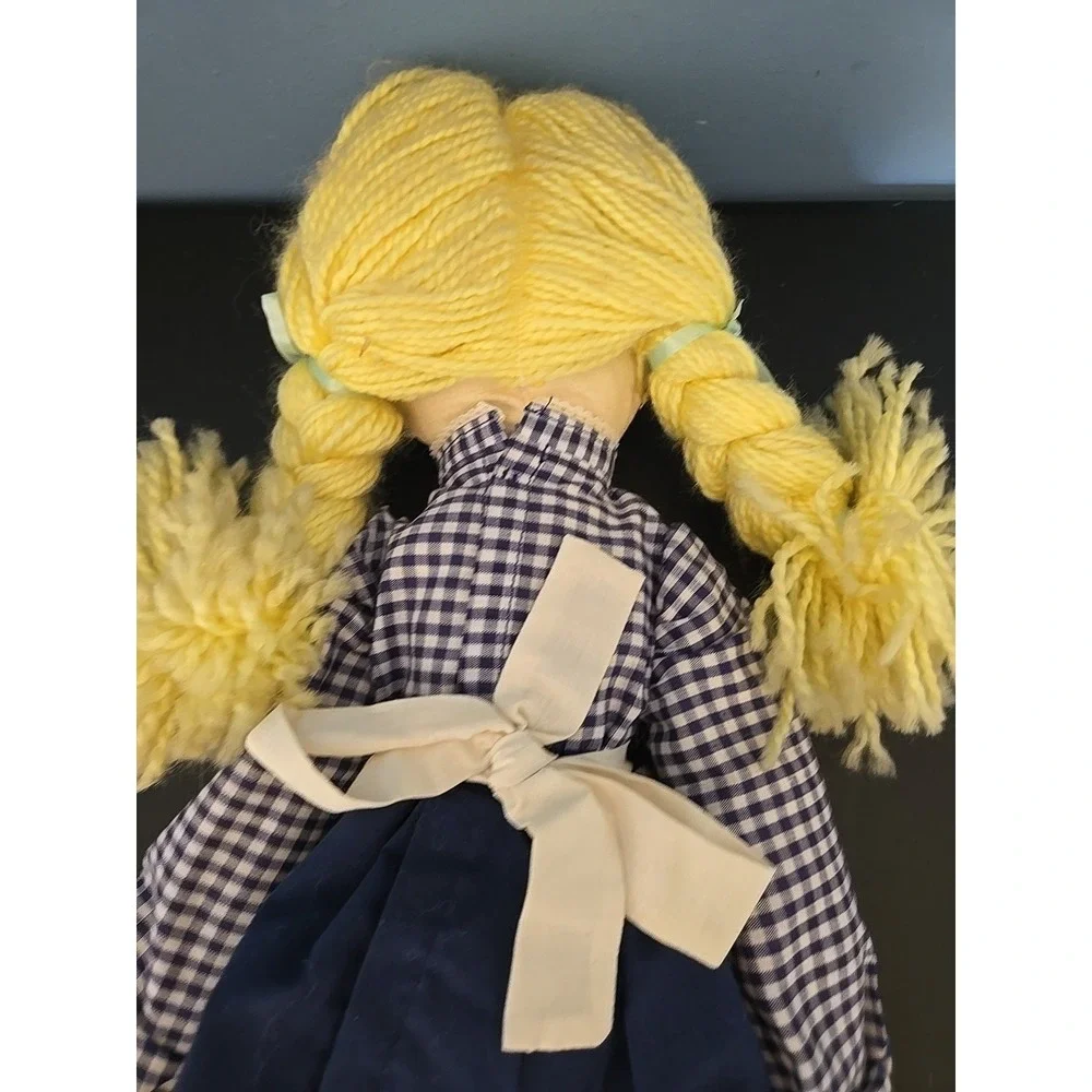 Vintage Handmade Cloth Doll‎ With Stitched Facial Features Blond Hair Apron